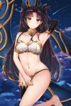 1girl absurdres arm_up artist_request asymmetrical_legwear bare_shoulders black_hair breasts cleavage covering covering_crotch fate/grand_order fate_(series) hair_ornament hair_ribbon highres ishtar_(fate)_(all) ishtar_(fate/grand_order) large_breasts long_hair looking_at_viewer red_eyes ribbon single_thighhigh smile thighhighs toosaka_rin twintails 