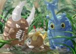  black_eyes creature digging gen_1_pokemon gen_2_pokemon gen_7_pokemon grass greyscale grubbin heracross highres horns monochrome no_humans pinsir pokemon pokemon_(creature) signature standing 