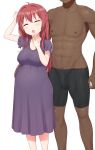  1boy 1girl absurdres ahoge akai_(riaakai) akaza_akane arms_up black_shorts blush breasts closed_eyes covered_nipples dress eyebrows_visible_through_hair feet_out_of_frame hand_on_another&#039;s_hip hand_to_own_mouth head_out_of_frame highres large_breasts long_hair open_mouth penis_under_clothes pregnant purple_dress red_hair shiny shiny_hair shiny_skin shorts simple_background smile standing tongue white_background yuru_yuri 