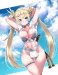 &gt;:) 1girl arms_behind_head arms_up bangs bare_hips blonde_hair blue_eyes blue_sky blush bradamante_(fate/grand_order) breasts cleavage closed_mouth cloud commentary_request day dutch_angle eyebrows_visible_through_hair fate/grand_order fate_(series) fundoshi groin headband highres japanese_clothes large_breasts long_hair navel outdoors rope shirt short_sleeves sky smile smug solo sweat tango_(tn500) thigh_gap thigh_strap tied_shirt twintails very_long_hair wet wide_hips 