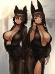  2girls :3 :o animal_ears anubis_(houtengeki) bangs bastet_(houtengeki) black_choker black_hair black_kimono black_ribbon blurry blurry_background bracelet breasts choker cleavage closed_mouth collarbone cross dark_skin depth_of_field earrings eyebrows_visible_through_hair hand_under_clothes highres houtengeki japanese_clothes jewelry kimono large_breasts long_hair looking_at_viewer multiple_girls naked_kimono open_clothes open_kimono original parted_lips pink_eyes ribbon short_hair smile straight_hair thighs 