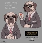  alcohol alternate_species anthro beverage canid canine canis chester_king clock clothing crossover disney domestic_dog english_text eyewear frown glass glasses japanese_text kingsman_the_secret_service male mammal necktie rikuta_tp solo suit text translated watch wine zootopia 