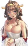  1girl :d ahoge bandages bangs bare_shoulders blunt_bangs blush breasts brown_hair cleavage collarbone commentary_request detached_sleeves double_bun eyebrows_visible_through_hair headgear highres kantai_collection kokuzoo kongou_(kantai_collection) large_breasts long_sleeves looking_at_viewer open_mouth own_hands_together purple_eyes red_ribbon ribbon ribbon-trimmed_sleeves ribbon_trim sarashi sidelocks simple_background smile solo upper_body white_background wide_sleeves 