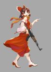  1girl ak-47 assault_rifle bare_shoulders benikurage boots bow breasts brown_eyes brown_hair commentary_request cookie_(touhou) detached_sleeves from_side grey_background gun hair_bow hair_tubes hakurei_reimu hand_up highres hundred-jpy long_hair looking_at_viewer open_mouth orange_scarf pointing red_bow red_skirt red_vest ribbon-trimmed_sleeves ribbon_trim rifle scarf sidelocks simple_background skirt skirt_set small_breasts smile solo touhou vest weapon white_footwear 