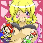  1girl black_bra blonde_hair blush bra bra_lift breasts censored chris_(mario) earrings jewelry large_breasts lingerie lowres luigi mario mario_(series) mushroom nintendo nipples one_eye_closed open_clothes open_shirt princess_peach shirt super_mario_bros. super_mushroom underwear yoshi 