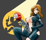  areolae arsene_lupin_iii azuki_osamitsu blush bodysuit boxing_gloves breasts brown_hair gun large_breasts lipstick lupin_dive lupin_iii makeup mine_fujiko no_bra open_clothes sexually_suggestive silhouette smile solo torn_clothes unzipped weapon 