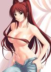  breasts brown_eyes convenient_censoring denim hair_censor hair_over_breasts jeans kousaka_tamaki long_hair medium_breasts navel pants red_hair solo tanaka_shoutarou to_heart_2 topless twintails undressing upper_body 