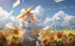  1girl blonde_hair blue_eyes blue_sky cloud day dress field flower flower_field hat highres letter lexington_(warship_girls_r) lingmuqianyi long_hair outdoors short_sleeves sky smile solo standing straw_hat sun_hat sunflower warship_girls_r white_dress wind_turbine windmill yellow_flower 