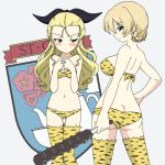  2girls ass ass_visible_through_thighs assam_(girls_und_panzer) back bangs bikini black_ribbon blonde_hair blue_eyes blush braid breast_envy breasts butt_crack closed_mouth club commentary darjeeling_(girls_und_panzer) emblem from_behind frown girls_und_panzer glaring grey_background groin hair_pulled_back hair_ribbon half-closed_eyes hand_on_hip hands_together holding holding_weapon ichinose_jun long_hair looking_at_another looking_at_viewer looking_back medium_breasts multiple_girls navel print_bikini print_legwear ribbon setsubun short_hair small_breasts smile spiked_club st._gloriana&#039;s_(emblem) standing strapless strapless_bikini swimsuit thighhighs tied_hair tiger_stripes twin_braids weapon yellow_bikini yellow_legwear 