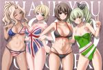  4girls ;d adjusting_bow alternate_hairstyle american_flag american_flag_bikini anchovy_(girls_und_panzer) arm_around_back ass_visible_through_thighs background_text bangs bikini black_bikini_bottom black_ribbon blonde_hair blue_eyes blush bow braid breasts brown_eyes brown_hair closed_mouth commentary_request covered_navel criss-cross_halter darjeeling_(girls_und_panzer) drill_hair flag_print followers frown girls_und_panzer green_hair green_swimsuit grin hair_intakes hair_ribbon hair_up halterneck hand_on_another&#039;s_shoulder head_tilt kay_(girls_und_panzer) large_breasts leaning_to_the_side locked_arms long_hair looking_at_viewer medium_breasts multi-strapped_bikini multiple_girls navel nishizumi_maho one-piece_swimsuit one_eye_closed open_mouth partial_commentary print_bikini print_swimsuit red_eyes ribbon saitou_gabio short_hair skindentation smile standing swimsuit tan tanline thank_you tied_hair trait_connection twin_drills twintails union_jack_bikini v 