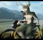  andromorph antlers bottomwear cervid cervine clothing detailed_background fur horn intersex jayne_doe male mammal miraoff motorcycle sitting solo vehicle 
