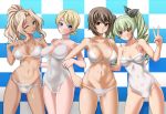  4girls ;d adjusting_bow alternate_hairstyle anchovy_(girls_und_panzer) arm_around_back ass_visible_through_thighs bangs bikini black_ribbon blonde_hair blue_background blue_eyes blush bow braid breasts brown_eyes brown_hair checkered checkered_background closed_mouth commentary_request covered_navel criss-cross_halter darjeeling_(girls_und_panzer) drill_hair frown girls_und_panzer green_hair grin hair_intakes hair_ribbon hair_up halterneck hand_on_another&#039;s_shoulder head_tilt kay_(girls_und_panzer) large_breasts leaning_to_the_side locked_arms long_hair looking_at_viewer medium_breasts multi-strapped_bikini multiple_girls navel nishizumi_maho one-piece_swimsuit one_eye_closed open_mouth partial_commentary red_eyes ribbon saitou_gabio short_hair skindentation smile standing swimsuit tan tanline tied_hair trait_connection twin_drills twintails v white_bikini white_swimsuit 