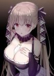  1girl azur_lane bangs bare_shoulders between_breasts black_dress blush breasts cleavage commentary_request dress earrings eyebrows_visible_through_hair formidable_(azur_lane) frilled_dress frills grey_hair hair_ribbon highres jewelry large_breasts long_hair long_sleeves looking_at_viewer nagisa_(cxcx5235) red_eyes ribbon solo twintails two-tone_dress two-tone_ribbon very_long_hair 