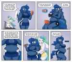  absurd_res anthro belly_grab big_breasts bodily_fluids breasts candy chocolate clothed clothing comic controller duo english_text equid exercise female food friendship_is_magic fully_clothed hi_res horn lordstormcaller mammal my_little_pony princess_celestia_(mlp) princess_luna_(mlp) sibling sister sisters solo sweat text treadmill winged_unicorn wings 