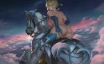  1girl ahoge armor artoria_pendragon_(all) artoria_pendragon_(lancer) ass ass_grab back bangs bare_shoulders bird blonde_hair blue_gloves braid breasts censored cloud crown fate/grand_order fate_(series) floating french_braid from_behind gauntlets gloves hair_between_eyes horse horseback_riding lance large_breasts looking_back mosaic_censoring polearm pussy rhongomyniad riding sideboob sidelocks sky spread_pussy swept_bangs thighs topless unfairr weapon white_horse 