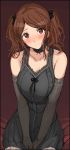  1girl alternate_costume amagami bare_shoulders breasts brown_eyes brown_hair choker elbow_gloves gloves lace lace_choker looking_at_viewer medium_breasts mobu nakata_sae red_background smile solo v_arms 