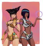  2girls armlet back-to-back bangs belt_pouch black_hair blunt_bangs breasts cleavage cleavage_cutout commission commissioner_upload cosplay crop_top crystal_ball dark_skin dirty_pair doubled67 gloves green_eyes han_juri headband hip_vent kei_(dirty_pair) kei_(dirty_pair)_(cosplay) lips medium_breasts menat midriff multiple_girls navel orb pouch purple_eyes purple_hair short_shorts short_twintails shorts single_glove sleeveless sleeveless_turtleneck street_fighter street_fighter_v turtleneck twintails yuri_(dirty_pair) yuri_(dirty_pair)_(cosplay) 