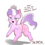  1:1 2020 blue_eyes blush bodily_fluids butt cold-blooded-twilight cutie_mark dialogue diamond_tiara_(mlp) digital_media_(artwork) earth_pony english_text equid equine featureless_crotch female feral friendship_is_magic hair hi_res horse looking_at_viewer looking_back mammal multicolored_hair my_little_pony open_mouth pink_body pony purple_hair quadruped simple_background solo sweat text two_tone_hair url white_background white_hair 