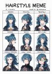  1girl aequorine blush braid byleth_(fire_emblem) byleth_(fire_emblem)_(female) cape double_bun english_text fire_emblem fire_emblem:_three_houses flower forehead green_eyes green_hair hair_flower hair_ornament highres long_hair looking_at_viewer multiple_views ponytail short_hair smile twin_braids twintails upper_body wavy_hair white_background 