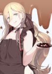  012_sasaki 1girl alternate_hairstyle apron black_apron blonde_hair blue_eyes blush chocolate eyebrows_visible_through_hair hair_between_eyes kantai_collection long_hair looking_at_viewer mole mole_under_eye mole_under_mouth plate ponytail richelieu_(kantai_collection) smile solo star tongue tongue_out valentine 