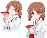  1girl alternate_hairstyle bangs blush closed_eyes closed_mouth cup drinking eyebrows_visible_through_hair girls_und_panzer hair_ribbon hakama holding holding_plate japanese_clothes kimono long_sleeves looking_at_viewer monolith_(suibou_souko) multiple_views nishizumi_miho plate red_hakama red_ribbon ribbon ribbon-trimmed_sleeves ribbon_trim sakazuki short_hair simple_background smile solo twintails upper_body white_background white_kimono wide_sleeves 