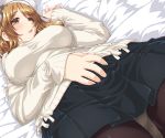  1girl bed black_legwear black_skirt blanket blush breasts brown_eyes brown_hair dd_(ijigendd) hat highres indoors italia_(kantai_collection) kantai_collection large_breasts littorio_(kantai_collection) long_hair long_sleeves looking_at_viewer lying on_bed open_mouth panties panties_under_pantyhose pantyhose pleated_skirt ponytail ribbed_sweater skirt sleeveless sleeveless_turtleneck smile solo sweater turtleneck turtleneck_sweater underwear wavy_hair white_panties 