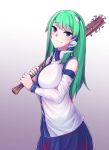  1girl ammonite_(488091) baseball_bat blood blue_skirt blush detached_sleeves eyebrows_visible_through_hair frog_hair_ornament gradient gradient_background green_eyes green_hair green_nails hair_ornament hair_tubes highres holding holding_baseball_bat holding_weapon kochiya_sanae long_hair looking_at_viewer nail nail_bat nail_polish nontraditional_miko shirt skirt smile snake_hair_ornament solo touhou weapon white_shirt white_sleeves 