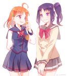  2girls ahoge artist_name bangs braid clover_hair_ornament commentary_request cosplay costume_switch dated eyebrows_visible_through_hair hair_ornament highres kanucone kazuno_sarah long_hair long_sleeves love_live! love_live!_sunshine!! miniskirt multiple_girls orange_hair purple_eyes purple_hair red_eyes school_uniform seisen_school_uniform short_hair side_braid sidelocks skirt takami_chika uranohoshi_school_uniform 