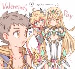  1boy 2girls ? blonde_hair blue_eyes blush breasts cleavage gloves hands_on_another&#039;s_shoulders hikari_(xenoblade_2) horns kokkou1 long_hair multiple_girls musical_note nervous pointy_ears rex_(xenoblade_2) short_hair smile spoken_musical_note valentine xenoblade_(series) xenoblade_2 yellow_eyes zakuro_(xenoblade) 