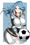  1girl aqua_eyes ball blue_background blue_gloves blue_hair bodysuit breasts collarbone commentary_request gin_moku gloves highres inazuma_eleven inazuma_eleven_(series) large_breasts long_hair looking_at_viewer multicolored multicolored_clothes multicolored_gloves multicolored_hair serious soccer_ball solo thighs two-tone_hair urubida white_gloves white_hair wide_hips 