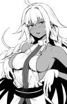  1girl bangs bare_shoulders belt blush braid breasts dark_skin fate/grand_order fate_(series) gloves greyscale highres lakshmibai_(fate/grand_order) long_hair looking_at_viewer monochrome open_mouth pt simple_background solo sweatdrop teeth very_long_hair white_background 