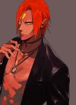  1boy ashwatthama_(fate/grand_order) bangs bare_chest black_jacket dark_skin dark_skinned_male fate/grand_order fate_(series) forehead_jewel jacket jewelry male_focus necklace pako parted_bangs red_hair solo yellow_eyes 