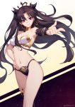  1girl armlet asymmetrical_legwear asymmetrical_sleeves bangs bare_shoulders black_bikini_bottom black_hair blush breasts bridal_gauntlets closed_mouth detached_collar detached_sleeves earrings fate/grand_order fate_(series) gradient gradient_background hoop_earrings ishtar_(fate)_(all) ishtar_(fate/grand_order) jewelry long_hair looking_at_viewer neck_ring outstretched_arm parted_bangs red_eyes sakanasoko single_detached_sleeve single_thighhigh smile solo thighhighs tiara two_side_up white_bikini_top 