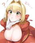  1girl ahoge braid breasts cleavage dress epaulettes eyebrows_visible_through_hair fate/extra fate/grand_order fate_(series) french_braid green_eyes hair_bun hair_intakes highres large_breasts nero_claudius_(fate) nero_claudius_(fate)_(all) red_dress translation_request yayoimaka03 