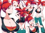  1girl adjusting_hair arched_back ass asuna_(pokemon) bare_shoulders breasts butt_crack cleavage commentary_request expressions grin highres large_breasts looking_at_viewer pokemon pokemon_(game) red_eyes red_hair simple_background smile surprised suzusiigasuki white_background 
