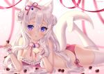  1girl animal_ear_fluff animal_ears ass bangs bare_shoulders bikini blue_eyes blurry blurry_background blush breasts candy cat_ears cat_girl cat_tail chocolate chocolate_heart cleavage collar depth_of_field detached_collar double_bun eyebrows_visible_through_hair food frilled_bikini frills hair_between_eyes hair_ribbon heart holding holding_food leg_up long_hair looking_at_viewer lying medium_breasts natsumii_chan on_side original parted_lips red_bikini red_ribbon ribbon side-tie_bikini silver_hair solo swimsuit tail tail_raised thighhighs valentine very_long_hair white_collar white_legwear wrist_cuffs 