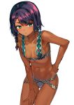  1girl bangs bikini blunt_bangs blush braid breasts collarbone cowboy_shot dark_skin eyebrows_visible_through_hair green_eyes hand_on_hip hand_on_own_thigh highres hip_focus konbu_wakame leaning_forward looking_at_viewer mole mole_on_breast mole_on_thigh mole_under_eye navel original outline purple_hair revision shiny shiny_hair short_hair sidelocks simple_background small_breasts solo swimsuit thigh_gap thighs toned white_background 