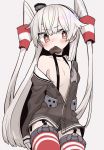  1girl amatsukaze_(kantai_collection) black_dress blush brown_footwear candy chocolate chocolate_heart collarbone cowboy_shot dress eyebrows_visible_through_hair flat_chest food garter_straps gloves grey_background hair_tubes heart kantai_collection long_hair long_sleeves monaka_ooji mouth_hold red_legwear sailor_collar sailor_dress silver_hair simple_background solo thighhighs two_side_up valentine white_gloves white_sailor_collar windsock 