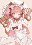  1girl animal_ear_fluff animal_ears apron bell bell_collar blush breasts cat_hair_ornament cat_paws cleavage collar commentary eyebrows_visible_through_hair fang fate/grand_order fate_(series) fox_ears fox_girl fox_tail gloves hair_ornament hair_ribbon highres jingle_bell large_breasts long_hair looking_at_viewer naked_apron open_mouth paw_gloves paw_pose paws pink_hair ponytail red_ribbon ribbon sideboob skin_fang solo tail tamamo_(fate)_(all) tamamo_cat_(fate) verslll yellow_eyes 
