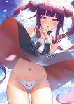  1girl ass_visible_through_thighs bangs bare_shoulders black_dress blue_eyes blue_sky blunt_bangs blush breasts detached_sleeves double_bun dress fate/grand_order fate_(series) hair_ornament hands_together highres large_breasts leaf_hair_ornament long_hair looking_at_viewer open_mouth panties petals purple_hair shadowgrave short_dress sidelocks sky solo thighs twintails underwear very_long_hair white_panties wind wind_lift yang_guifei_(fate/grand_order) 