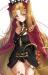  1girl bangs between_breasts blonde_hair blush box breasts cape closed_mouth detached_collar earrings ereshkigal_(fate/grand_order) fate/grand_order fate_(series) faton gift gift_box gold_trim highres holding holding_gift hoop_earrings infinity jewelry long_hair looking_at_viewer parted_bangs red_cape red_eyes simple_background skull solo spine tiara two_side_up valentine white_background 