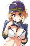  1girl ahoge artoria_pendragon_(all) baseball_cap between_breasts bikini blonde_hair blue_eyes blue_headwear blush breasts candy chocolate_bar cleavage commentary_request fate_(series) food hair_between_eyes hair_through_headwear hat highres large_breasts long_hair looking_at_viewer mysterious_heroine_xx_(foreigner) ponytail shikei shrug_(clothing) side-tie_bikini solo swimsuit valentine white_bikini 