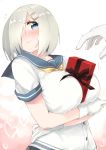  1girl absurdres artist_name blue_eyes blue_sailor_collar blush box breasts buttons collarbone commentary_request flying_sweatdrops gift gift_box gloves hair_ornament hair_over_one_eye hairclip hamakaze_(kantai_collection) highres kantai_collection large_breasts motion_lines neckerchief ryuki_(ryukisukune) sailor_collar school_uniform serafuku short_hair short_sleeves silver_hair solo_focus sweat valentine white_gloves yellow_neckwear 
