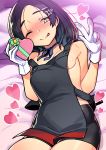  1girl ;) ;p apron bare_arms bare_shoulders bed_sheet bike_shorts black_apron black_hair black_short blush box commentary_request cowboy_shot forehead gloves hair_ornament hairclip hands_up heart heart-shaped_box highres holding holding_box kantai_collection kuroshio_(kantai_collection) looking_at_viewer lying nose_blush on_back one_eye_closed short_hair short_shorts shorts smile solo taketora_suzume tongue tongue_out w white_gloves yellow_eyes 