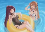  2girls artist_name bikini blue_ribbon blush breasts brown_hair cleavage_cutout floating food girls_frontline green_eyes hand_in_hair innertube large_breasts long_hair looking_at_viewer m1903_springfield_(girls_frontline) medium_breasts multiple_girls one-piece_swimsuit ponytail popsicle purple_hair red_eyes ribbon srm463 swimsuit wa2000_(girls_frontline) wading water white_bikini 