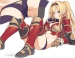  1girl ass_visible_through_thighs bangs black_panties blonde_hair blush braid breasts cleavage commentary_request crotch french_braid gauntlets granblue_fantasy greaves grin hair_intakes hairband knees_up large_breasts long_hair looking_at_viewer lying multiple_views on_back panties pauldrons red_armor shiseki_hirame sidelocks simple_background smile twintails underwear white_background zeta_(granblue_fantasy) 