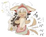  1other androgynous animal_ears blush directional_arrow eyebrows_visible_through_hair fangs furry helmet kawasemi27 long_hair looking_at_viewer made_in_abyss nanachi_(made_in_abyss) open_mouth solo speech_bubble tail tearing_up translation_request upper_teeth whiskers white_hair yellow_eyes 