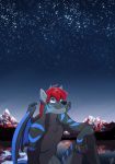  2020 5_fingers anthro black_body black_fur black_nose blue_eyes canid canine canis detailed_background digital_media_(artwork) domestic_dog fingers fur hair hybrid male mammal night outside red_hair sky smile solo star starry_sky thelupinprincess 
