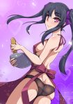  1girl aimo_(aimo1214) apron ass bangs black_hair black_panties blunt_bangs blush breasts from_behind highres long_hair looking_at_viewer looking_back naked_apron nearly_naked_apron panties pink_eyes senki_zesshou_symphogear shiny shiny_hair sideboob smile solo standing tsukuyomi_shirabe twintails underwear 