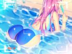  1girl a.x. absurdres ass back blue_swimsuit blush breasts camcorder competition_swimsuit food from_behind highres large_breasts long_hair one-piece_swimsuit original partially_submerged pink_hair pool pool_ladder popsicle recording shiny shiny_hair shiny_skin solo swimsuit tongue tongue_out viewfinder water wet 